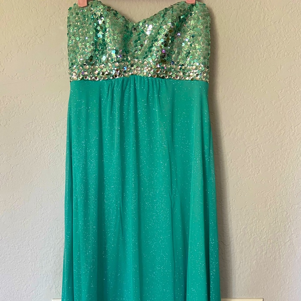 long sequin teal mermaid style dress